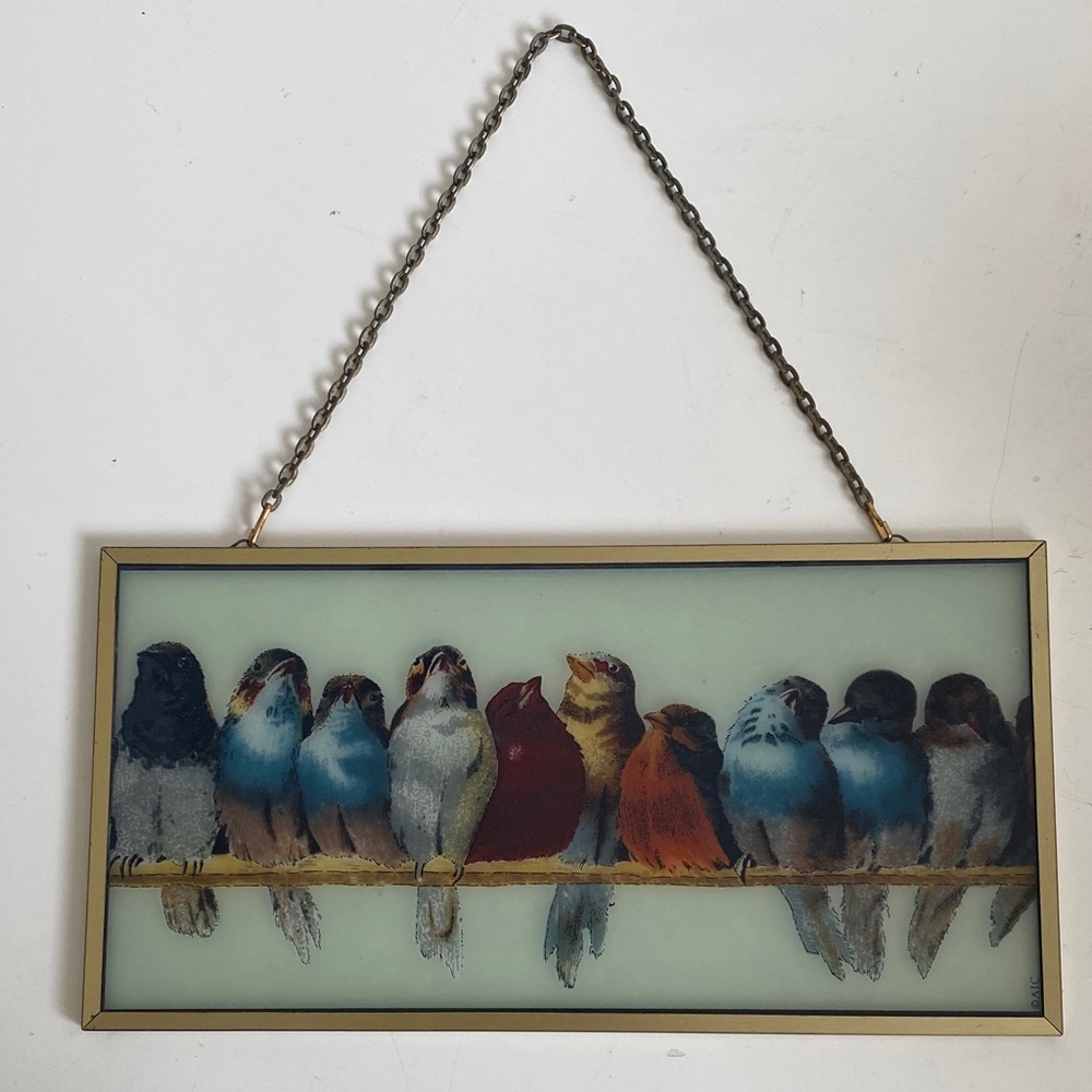Vintage Glassmaster AIC Painted Suncatcher Birds on Perch Frame with Chain
